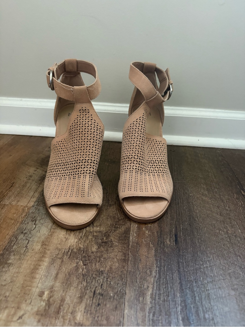 Marc Fisher Nude/Tan Laser-Cut Ankle Strap Heels